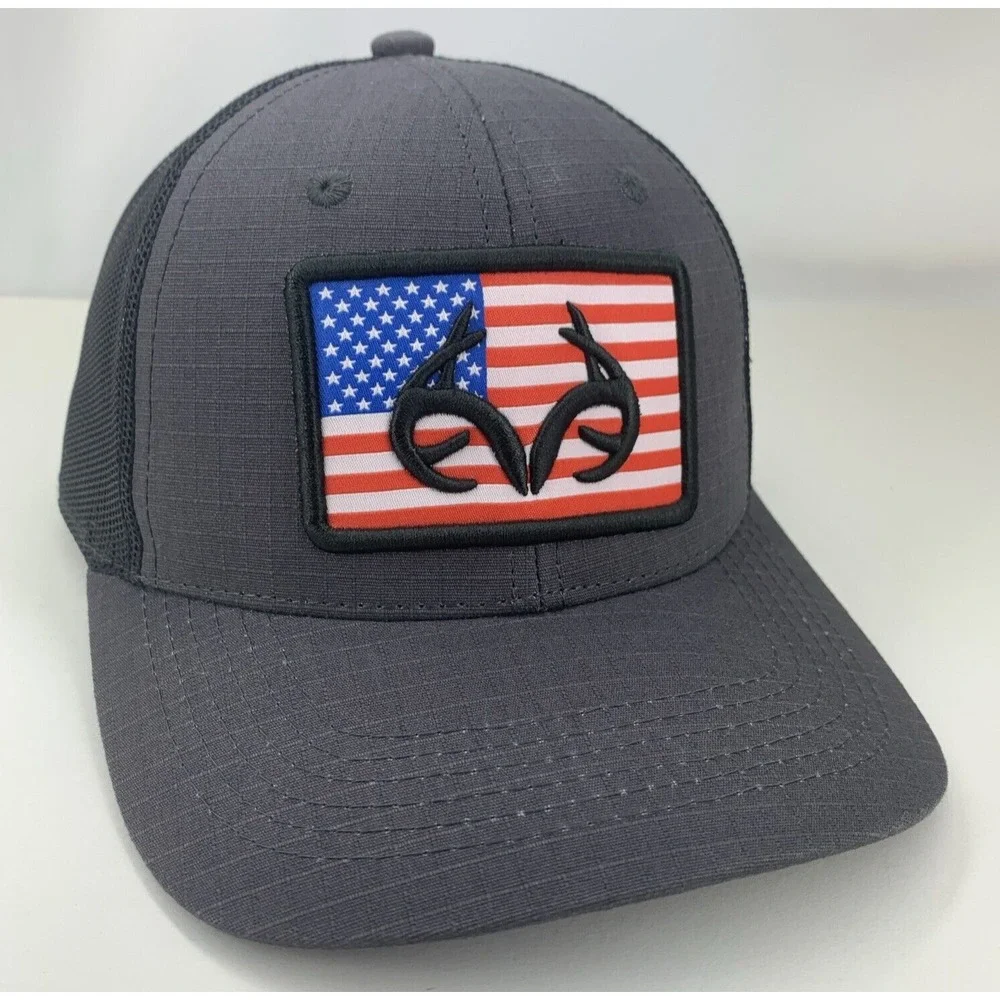 Realtree US Flag Hat Gray Adjustable Snapback Black Mesh Outdoor Cap Antler Logo